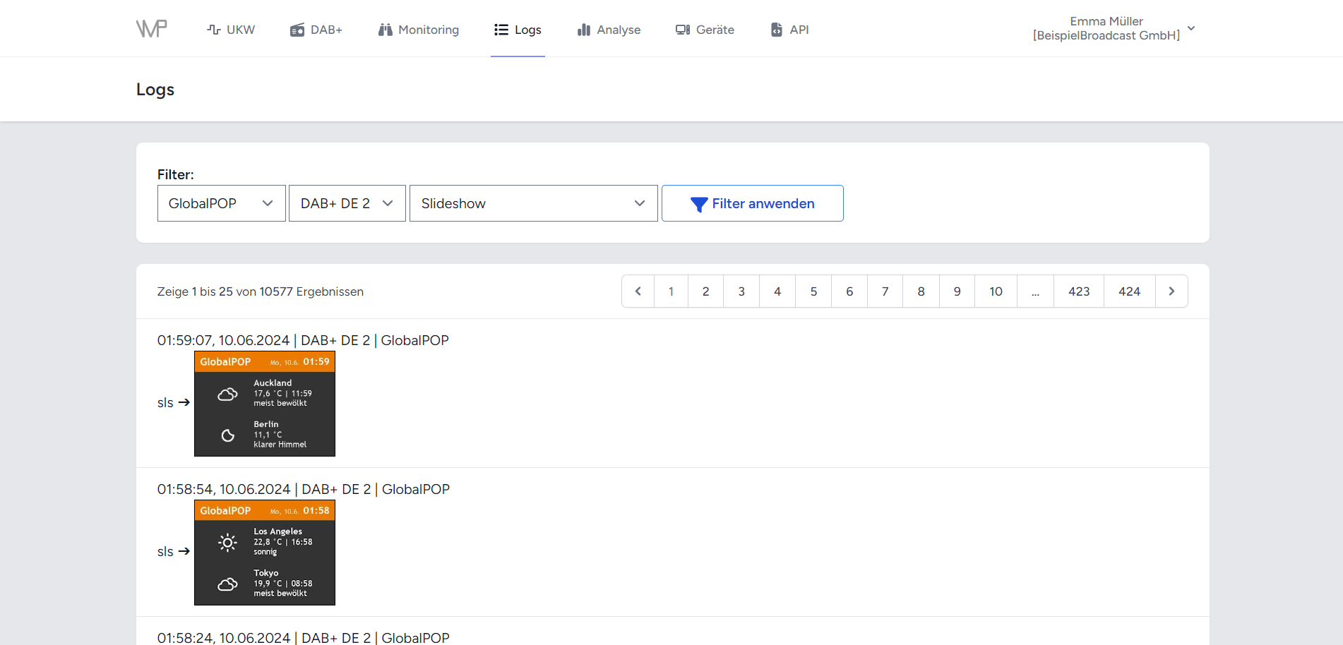 GieMedia DAB+ Monitoring-Plattform, Logging